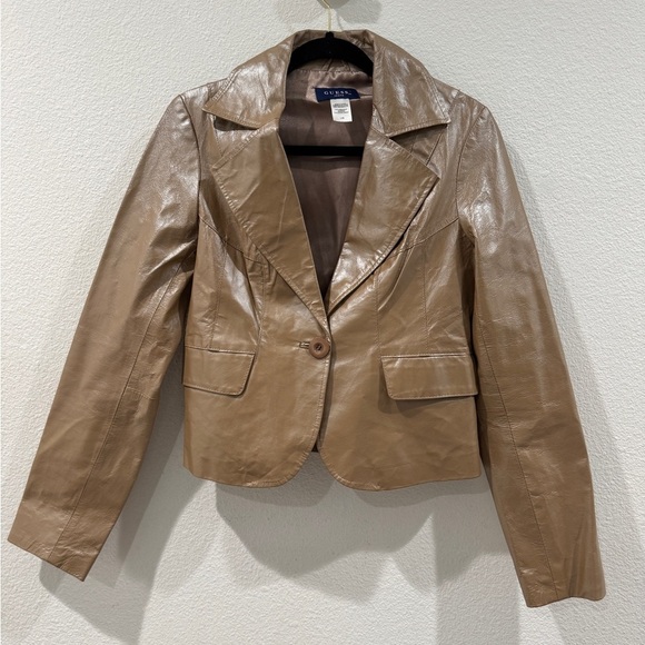 Vintage Guess Jeans 100% Leather Shiny Tan Collared Y2K Jacket Size Large - Picture 1 of 13